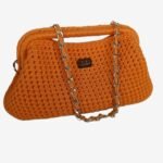 Πορτοκαλί πλεκτή τσάντα clutch με μεταλλικό έλασμα (snap)