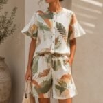 Γυναικείο καλοκαιρινό σετ με εμπριμέ tropical print, κοντομάνικη μπλούζα με bell sleeves και ασορτί βερμούδα σε μοντέρνο resort style look.