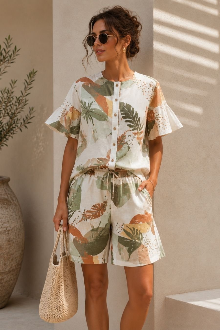 Γυναικείο καλοκαιρινό σετ με εμπριμέ tropical print, κοντομάνικη μπλούζα με bell sleeves και ασορτί βερμούδα σε μοντέρνο resort style look.