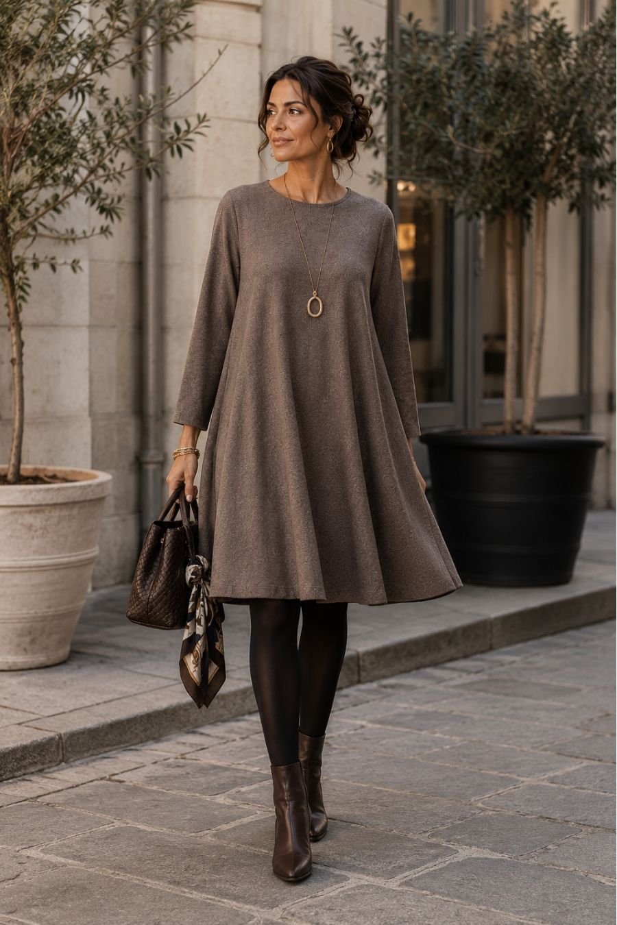 batwing-dress-pattern-autumn-look-brown-knit-fabric Γυναικείο φόρεμα με μανίκι νυχτερίδα και φαρδιά γραμμή σε καφέ πλεκτό ύφασμα, συνδυασμένο με μαύρο κολάν και μποτάκια για φθινοπωρινή εμφάνιση.