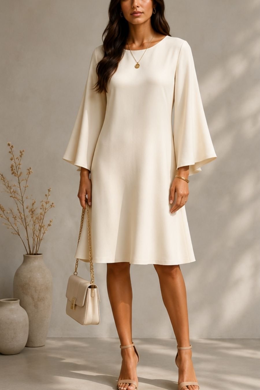 flared-sleeves-knee-length-dress-pattern Γυναικείο φόρεμα με μανίκια καμπάνα και βαθιά στρογγυλή λαιμόκοψη σε κρεμ ύφασμα, συνδυασμένο με nude πέδιλα, χρυσά κοσμήματα και τσάντα ώμου.