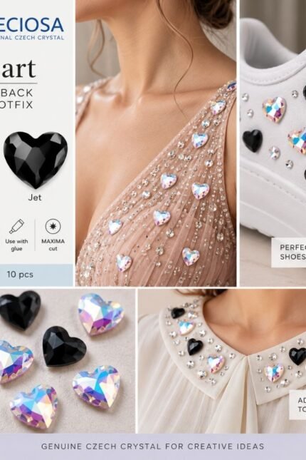 PRECIOSA Heart MAXIMA 6mm Crystal AB και Jet στρας καρδιά σε ρούχα και παπούτσια