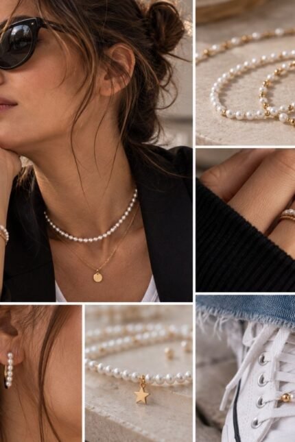 Preciosa white pearls in use. Necklace, bracelet, ring, shoe, earrings
