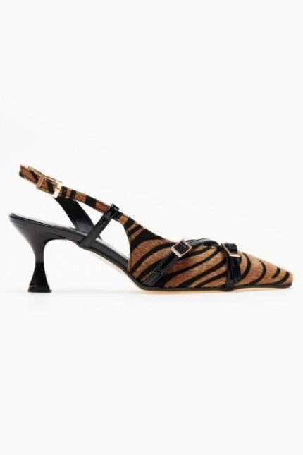Γυναικεία slingback TFP Slingback γόβες με συνθετική pony skin όψη – 401 – Μαύρο/Μπεζ The Fashion Project