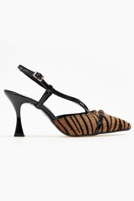 Γυναικεία slingback TFP Slingback γόβες με συνθετική pony skin όψη – 795 – Μαύρο/Μπεζ The Fashion Project