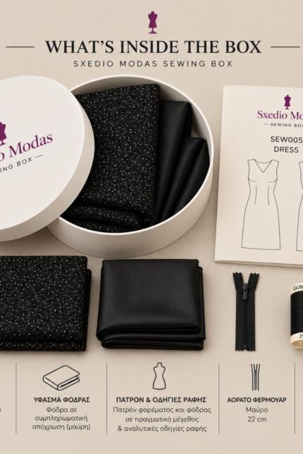 Κιτ ραπτικής Sxedio Modas SEW005 για μαύρο φόρεμα με lurex, φόδρα, πατρόν και υλικά ραφής