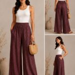 Γυναικείο wide leg palazzo παντελόνι Sxedio Modas σε μπορντό ύφασμα, εμπρός, πίσω και πλαϊνή όψη