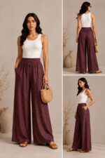 Γυναικείο wide leg palazzo παντελόνι Sxedio Modas σε μπορντό ύφασμα, εμπρός, πίσω και πλαϊνή όψη