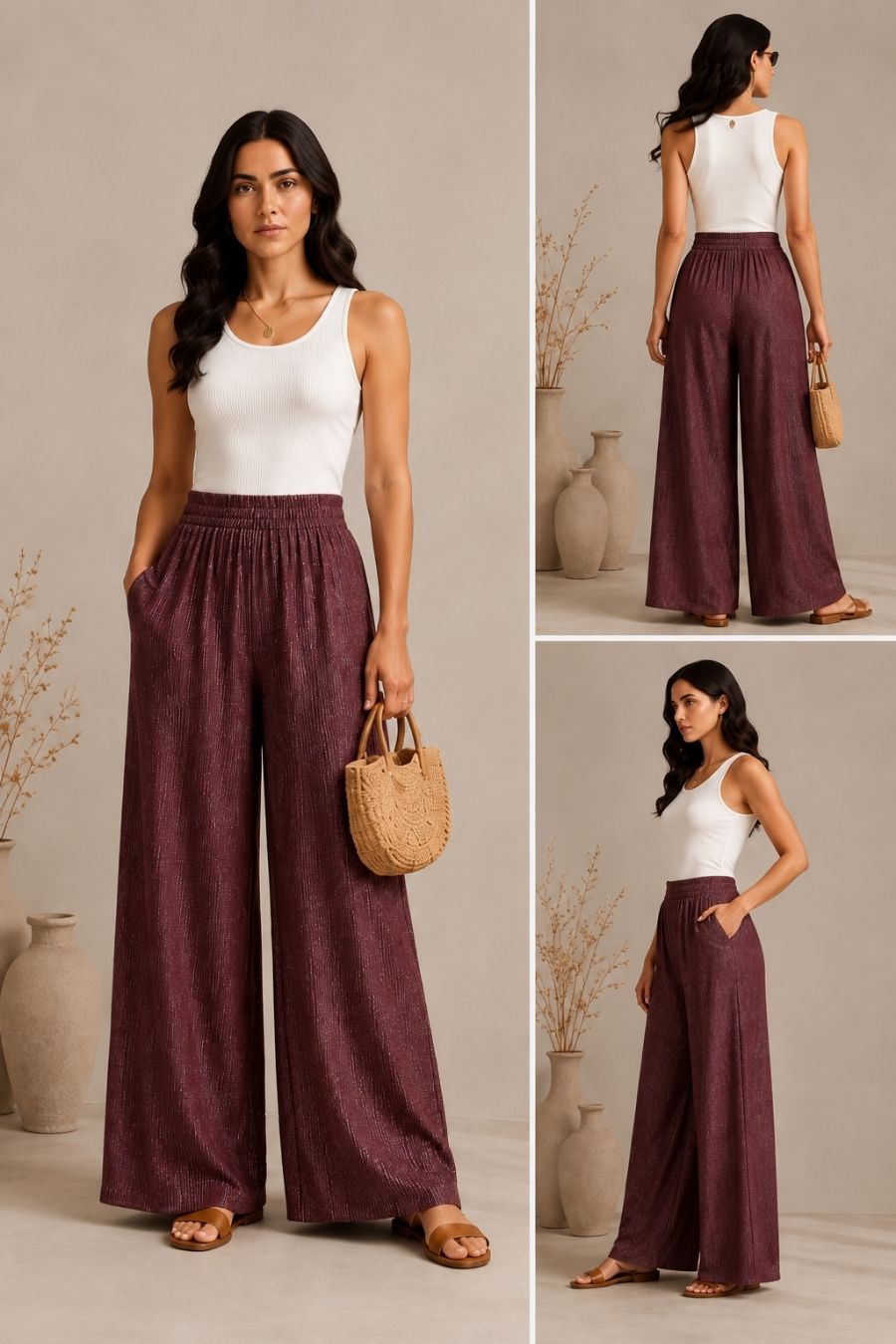 Wide Leg Palazzo Pants – Sxedio Modas Γυναικείο wide leg palazzo παντελόνι Sxedio Modas σε μπορντό ύφασμα, εμπρός, πίσω και πλαϊνή όψη