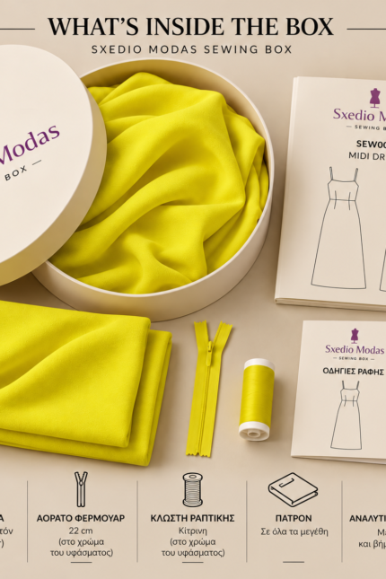 Κιτ ραπτικής Sxedio Modas SEW006 για midi φόρεμα με κίτρινο lime ύφασμα, πατρόν και υλικά ραφής